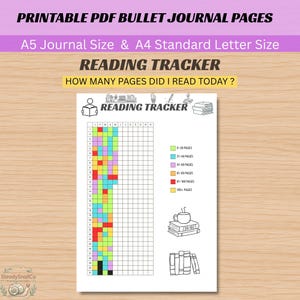 Può includere: Una pagina di diario di lettura stampabile con una griglia per tracciare le pagine lette quotidianamente. Il layout include una legenda a colori, illustrazioni in bianco e nero di libri e una tazza, e il testo READING TRACKER.
