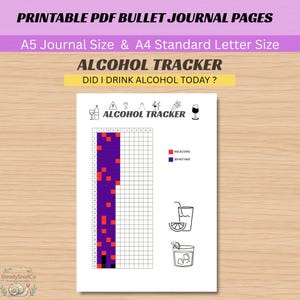 Könnte beinhalten: Eine druckbare PDF-Seite für ein Bullet Journal zur Verfolgung des Alkoholkonsums mit einem Raster für zwölf Monate. Das Layout enthält eine Legende mit roten und violetten Quadraten für die tägliche Erfassung sowie verschiedene Getränke-Icons.