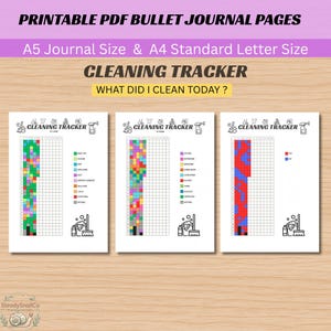 Op de afbeelding: Printbare PDF bullet journal pagina's met een schoonmaaktracker in A5 en A4 formaat. De vellen bevatten rasters, kleurgecodeerde sleutels en iconen van schoonmaakartikelen met de tekst CLEANING TRACKER en WHAT DID I CLEAN TODAY?