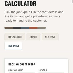 May include: A digital roof estimate calculator interface for contractors. It features buttons for replacement, repair, new roof, and insurance. The form includes fields for company name Lone Star Roof, license TX-RC-48291, phone 512-555-0148, and address.