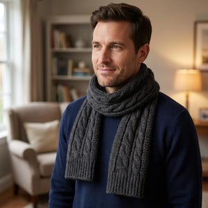 May include: A dark gray cable knit scarf featuring a thick, textured pattern with vertical braided columns and ribbed edges. The scarf is wrapped around the neck, showcasing a dense, warm wool-like construction with a consistent charcoal tone.