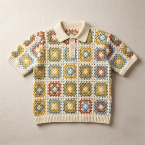 May include: A short-sleeve polo shirt constructed from cream-colored yarn featuring a multi-colored granny square crochet pattern. The shirt includes a ribbed collar, a three-button placket, and ribbed sleeve cuffs and hem in a solid cream color.