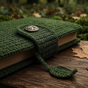 Può includere: Una copertina per libro lavorata all'uncinetto in verde scuro con un motivo a maglia testurizzato, un cinturino di chiusura con un bottone metallico rotondo e una linguetta decorativa a forma di foglia. La custodia avvolge un libro chiaro.