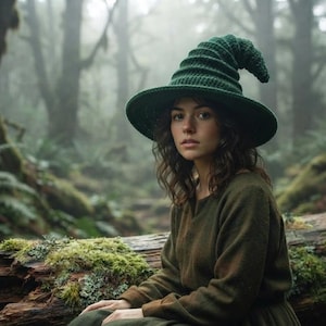 May include: A dark green crocheted pointed hat with a wide brim and a ribbed texture, worn by a person with wavy brown hair. The hat features a tall, slightly slumped crown and a solid dark green color, crafted with visible yarn stitches.