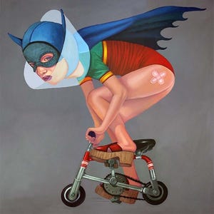 May include: A painting of a figure wearing a blue superhero mask and cape, a green and red bodysuit, and a pink adhesive bandage on the thigh. The figure is riding a small red and silver bicycle while wearing platform shoes with wooden soles.