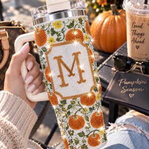 Personalized Fall Rhinestone Tumbler 40oz, Custom Monogram Pumpkin Cup with Handle, Autumn Bling Tumbler, Personalized Fall Gift for Her