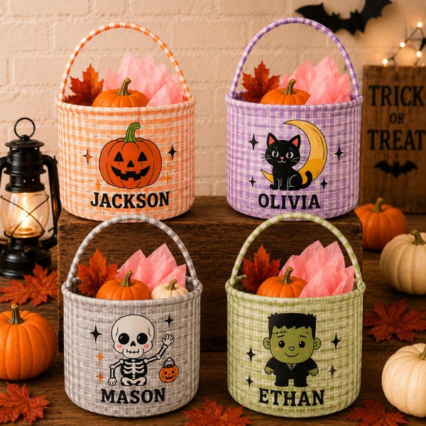 Personalized Halloween Trick or Treat Bag, Custom Name Candy Basket for Kids, Gingham Halloween Bucket, Pumpkin Ghost Skeleton Treat Bag