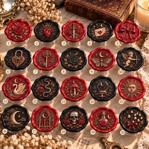 May include: A collection of twenty round wax seal stamps featuring intricate embossed designs including roses, hearts, skulls, celestial bodies, keys, and animals, each with a distinct red or black border and numbered from one to twenty.
