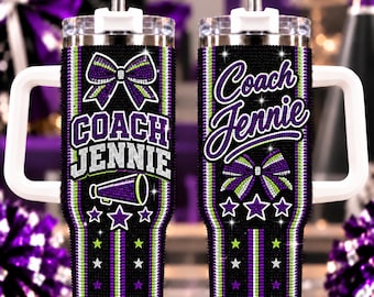 Personalized Cheer Coach Rhinestone Tumbler 40oz, Custom Name Bling Cup, Purple Black Cheerleading Gift, Handmade Cheer Coach Appreciation