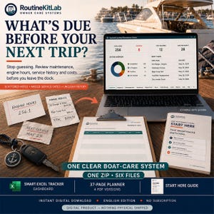 May include: A digital boat maintenance system featuring a laptop displaying a dashboard, a clipboard with a maintenance log, a start here guide, and paper notes showing engine hours and service costs. The text reads RoutineKitLab and What's Due Before Your Next Trip.