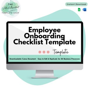 May include: A computer screen displaying a pink and white template for an employee onboarding checklist. The text on the screen reads "Employee Onboarding Checklist Template". The text "Downloadable Canva Document - Easy to Edit & Duplicate for All Business Processes" is at the bottom of the screen.
