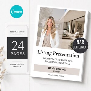 Könnte beinhalten: Eine bearbeitbare 24-seitige Canva-Immobilienpräsentationsvorlage mit einer Person im weißen Blazer. Das Cover zeigt den Text Listing Presentation, Your Strategic Guide to a Successful Home Sale, Olivia Bennett und NAR Settlement.