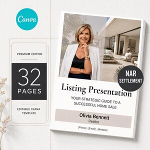 Könnte beinhalten: Eine Canva-Immobilienpräsentationsvorlage mit einem 32-seitigen Premium-Guide. Das Cover zeigt ein Foto einer Immobilienmaklerin, den Text Listing Presentation, Your Strategic Guide to a Successful Home Sale und den Hinweis NAR Settlement.