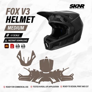 May include: A black Fox V3 helmet in size medium with a visor and ventilation ports. The graphic includes the text FOX V3 HELMET, SKNR MOTO TEMPLATES, 1:1 SCALE, INSTANT DOWNLOAD, and icons for Ai, PDF, EPS, and SVG file formats with flat templates.