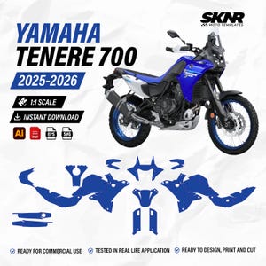 Può includere: Un set di modelli digitali per una moto Yamaha Tenere 700, anni modello 2025-2026. L'immagine mostra una moto blu, varie forme di adesivi blu e testo tra cui SKNR MOTO TEMPLATES, 1:1 SCALE, INSTANT DOWNLOAD, Ai, PDF, EPS e SVG.