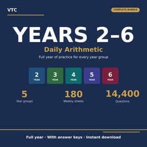 May include: A dark blue educational graphic titled VTC YEARS 2-6 Daily Arithmetic. It features five coloured squares labelled Year 2 through Year 6, noting 5 year groups, 180 weekly sheets, and 14,400 questions. The text includes Complete Bundle.