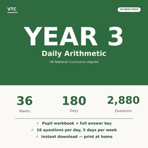 May include: A dark green and white educational document titled YEAR 3 Daily Arithmetic, UK National Curriculum aligned. It features 36 weeks, 180 days, and 2,880 questions, including a pupil workbook, answer key, and 16 questions per day for 5 days.