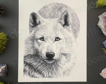 Wolf & Moon Print | Dark Cottagecore Wall Art | Woodland Nature Illustration | Wildlife Decor | Cloverwood