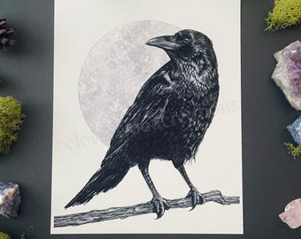 Crow Print | Dark Cottagecore Wall Art | Gothic Nature Illustration | Witchy Bird & Moon Decor | Cloverwood