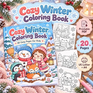 Pode incluir: Um livro de colorir Cozy Winter com 20 páginas para crianças. A capa mostra um boneco de neve, uma criança, um pinguim e uma raposa em uma cena nevada. Inclui PDF imprimível, 20 páginas, formatos US Letter e A4 com arte em preto e branco.