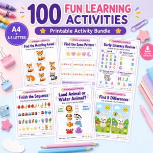 May include: A printable activity bundle titled 100 Fun Learning Activities featuring six educational worksheets for children. The pages include exercises like matching animals, pattern recognition, early literacy, sequencing, and animal classification.