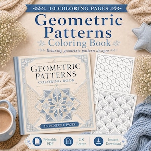 以下が含まれることがあります： 10枚の印刷可能なページを含む「Geometric Patterns Coloring Book」というタイトルのデジタル塗り絵。表紙は青とクリーム色のマンダラ模様。2枚のサンプルページには、黒と白の幾何学的な線画が描かれています。テキスト：10 Coloring Pages。