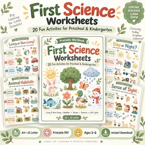 Könnte beinhalten: Ein druckbares Arbeitsbuch mit dem Titel First Science Worksheets mit 20 Aktivitäten für Vorschule und Kindergarten. Das Cover zeigt Illustrationen von Sonne, Baum, Wolke, Schmetterling, Hase, Fisch, Ente und Schneemann mit A4 und US Letter.