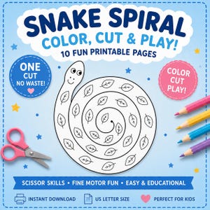 Könnte beinhalten: Ein druckbares Aktivitätsblatt mit dem Titel SNAKE SPIRAL COLOR, CUT & PLAY! mit einer schwarz-weißen Strichzeichnung einer gewundenen Schlange mit Blattmustern. Enthält eine rosa Schere, vier Buntstifte und 10 unterhaltsame druckbare Seiten.