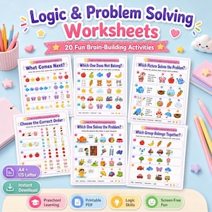 Op de afbeelding: Een set logica- en probleemoplossende werkbladen met 20 leuke hersenkrakende activiteiten. De pagina's bevatten kleurrijke illustraties van dieren, voedsel en objecten met taken zoals What Comes Next, Which One Does Not Belong en Choose the Correct Order.