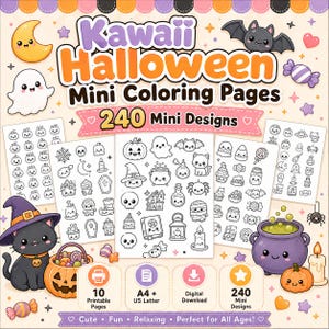 May include: A digital collection of Kawaii Halloween Mini Coloring Pages featuring 240 mini designs across 10 printable pages in A4 and US Letter sizes. The graphic includes illustrations of a black cat, a purple cauldron, and ghosts.