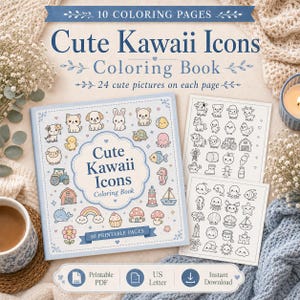 Może przedstawiać: Kolorowanka zatytułowana Cute Kawaii Icons z 10 stronami do druku, zawierająca różne ilustracje zwierząt, przyrody i przedmiotów. Okładka przedstawia kolekcję kolorowych ikon, a dwie dodatkowe strony pokazują czarno-białe kontury do kolorowania.