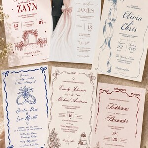 Può includere: Sei cartoline d'invito a nozze rettangolari con vari disegni, tra cui una coppia in abiti formali, archi floreali, torte nuziali e nastri. Le carte mostrano nomi e dettagli dell'evento per diverse coppie.