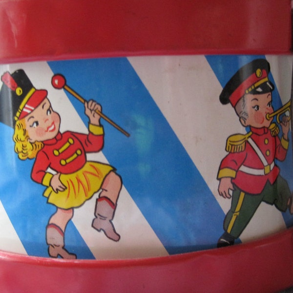 Vintage toy drum 1960's Lithograph, red, white, blue, decor item