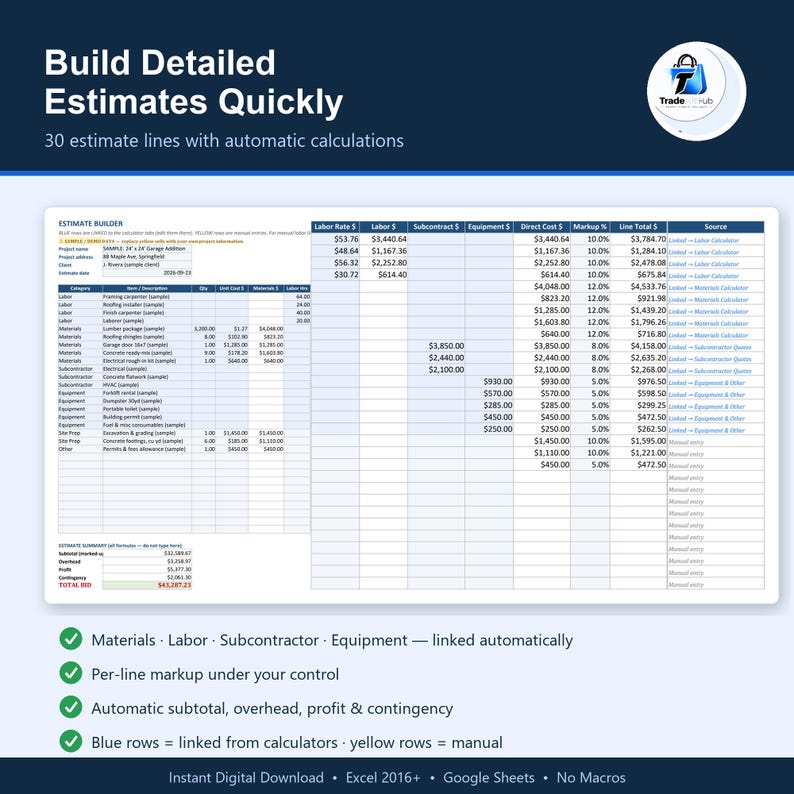 Construction Cost Estimate Spreadsheet for Excel, Google Sheets ...