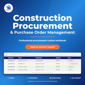 Construction Procurement Tracker Excel Template | Purchase Order Log, Vendor & Invoice Tracker | Project Management Spreadsheet