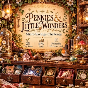 Pode incluir: Um cartaz de desafio de poupança imprimível intitulado Pennies & Little Wonders com texto indicando 25 pequenas poupanças, um total de 75 e formatos US Letter e A4. O design apresenta um tema de floresta com um rato e um pássaro.