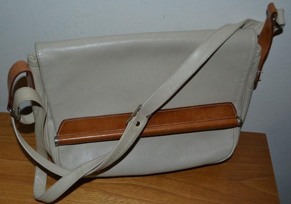Vintage 70er Leder Handtasche creme Weiss / Braun Retro seventies 2nd Hand Clothing Mid Century MCM Vintage Bag Shabby Chic