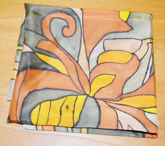 Schönes Vintage Tuch Seide 70er Jahre Halstuch Bunt Seidenmalerei Retro Mid Century Vintage Clothing Second Hand Wear Shabby Chic