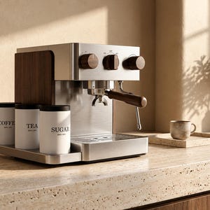 Puede incluir: Una cafetera espresso de acero inoxidable con paneles laterales de madera oscura y perillas a juego. La máquina cuenta con un portafiltro con mango de madera y tres recipientes blancos etiquetados COFFEE, TEA y SUGAR en una base.