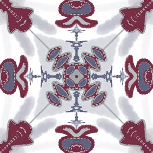 May include: A symmetrical digital pattern featuring a central cross shape in deep maroon and muted blue. The design includes repeating abstract floral-like motifs in the corners and thin, jagged horizontal and vertical lines in blue.