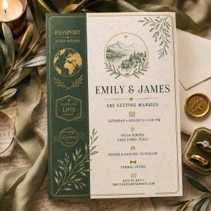 May include: A wedding invitation card designed like a passport with a dark green side panel featuring gold foil globe and stamp icons. The cream-colored side displays a mountain landscape illustration, the names Emily & James, and event details.