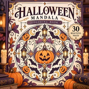 May include: A Halloween Mandala coloring book with a cream cover featuring a central orange jack-o'-lantern, lanterns, bats, and ghosts. The text reads HALLOWEEN MANDALA COLORING BOOK and 30 BEAUTIFUL PAGES. The design includes purple and orange foliage.