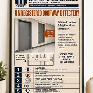 Pode incluir: Um cartaz emoldurado intitulado Department of Threshold Integrity Facilities Safety Division apresentando um aviso de Unregistered Doorway Detected, uma foto de corredor, uma planta baixa e cinco procedimentos de segurança numerados.
