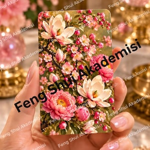 May include: A rectangular card featuring a detailed floral illustration of white magnolia blossoms and vibrant pink peony flowers set against a soft green background. The text Feng Shui Akademisi is printed diagonally across the center of the card.