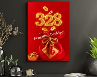 328 Rijkdomsgetal Feng Shui Printbare Muurdecoratie, Chinese Welvaartsposter Digitale Download, Gouden Rode Geldzak Woondecoratie