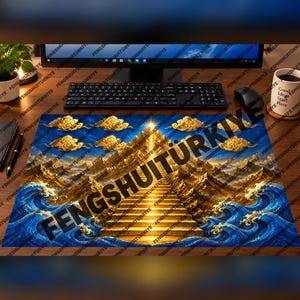 May include: A rectangular desk mat featuring a vibrant illustration of a golden staircase ascending between rocky mountains toward a bright light, surrounded by stylized blue ocean waves and gold clouds against a deep blue sky background.