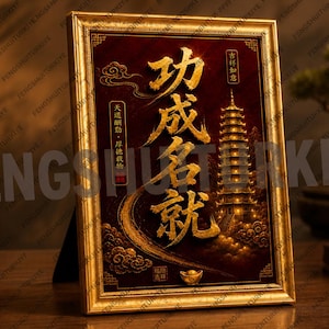 May include: A rectangular gold-toned frame containing a dark red print with large gold Chinese calligraphy characters. The artwork features a detailed golden pagoda, swirling cloud motifs, and a small gold ingot icon at the bottom center.