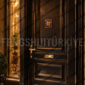 Könnte beinhalten: Eine dunkelbraune Holztür mit goldfarbenen Verzierungen, einem goldenen Metallgriff und einem goldenen Briefschlitz. Eine kleine quadratische Plakette mit violettem Hintergrund und einem goldenen chinesischen Schriftzeichen ist mittig angebracht.