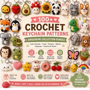 Op de afbeelding: Een verzameling haakpatronen voor sleutelhangers met diverse amigurumi-ontwerpen zoals dieren, voedsel en natuur. De centrale tekst luidt 100+ CROCHET KEYCHAIN PATTERNS AMIGURUMI COLLECTION BUNDLE, met iconen voor PDF, download en instructies.