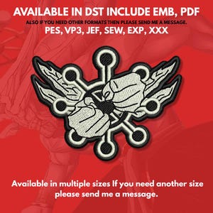 Könnte beinhalten: Ein gestickter Aufnäher mit zwei weißen Fäusten, die in der Mitte aufeinandertreffen, umgeben von einem schwarzen kreisförmigen Rahmen mit sechs Speichen. Das Design enthält den Text: AVAILABLE IN DST INCLUDE EMB, PDF, PES, VP3, JEF, SEW, EXP, XXX.